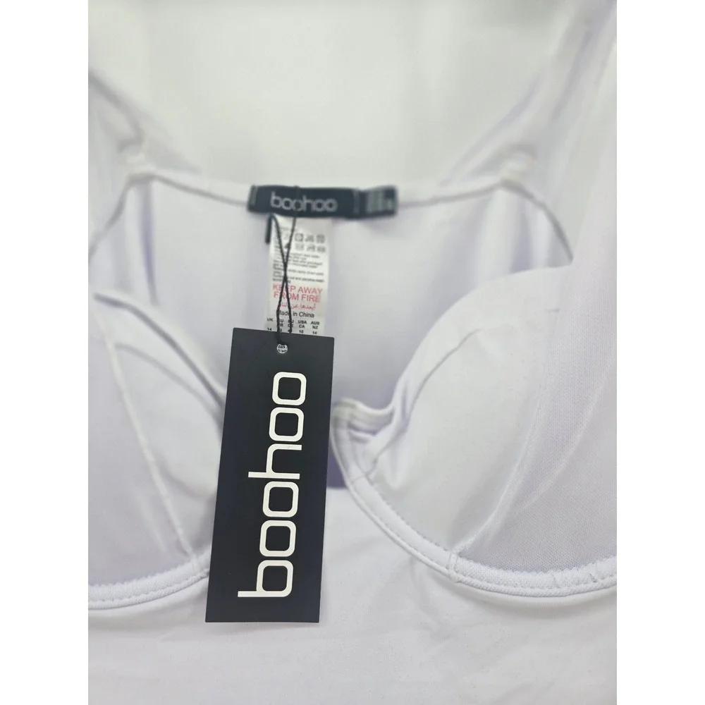 Boohoo One Piece Swimsuit Women 10 White Underwired Tie Shoulder Mesh‎ GZ241209
